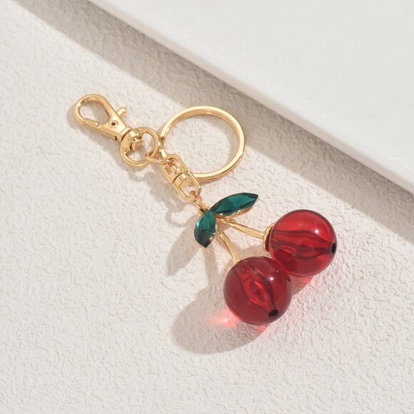 Sweet Cherry Keychain With Green Rhinestone Leaves Gold Color Keychain For Gift - Picture 1 of 1
